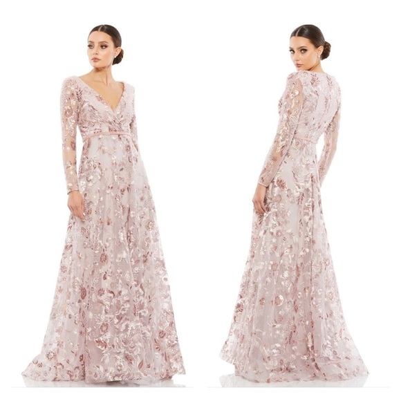 Mac Duggal 67869 NWT EMBELLISHED V NECK ILLUSION LONG SLEEVE A LINE GOWN - Picture 1 of 10